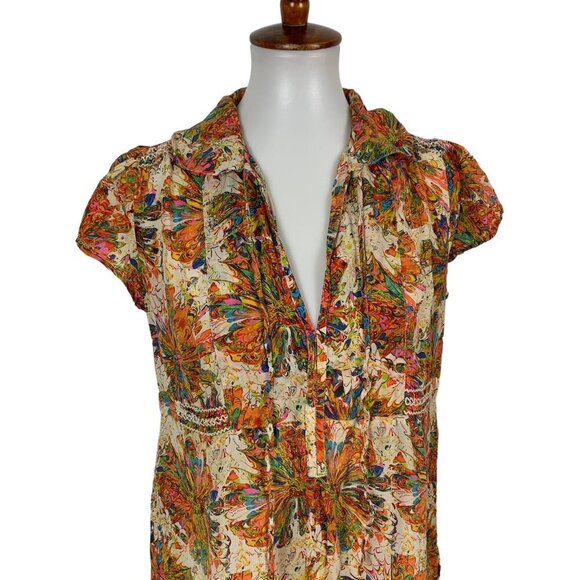 Appareline Silk Bright Floral Top Abstract Print Cap Sleeve Medium - Picture 2 of 5